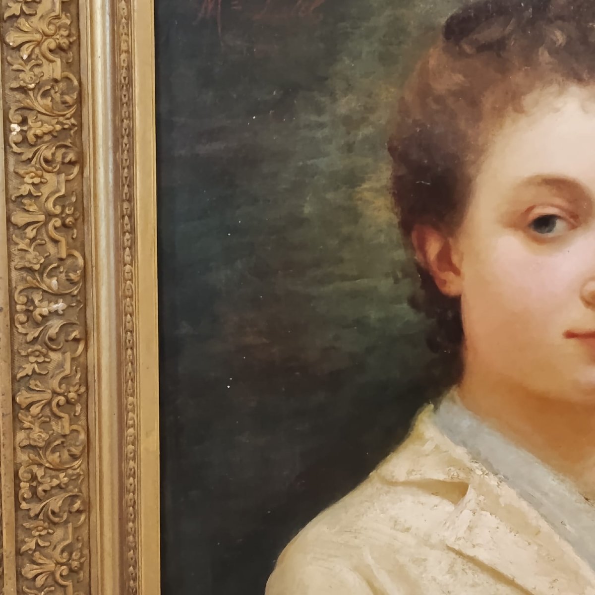 TABLEAU ANCIEN : PORTRAIT D'UNE JEUNE FEMME DE LA FIN DU XIXE SIÈCLE, SIGNÉ FRANCOIS VINCENT M.-photo-6