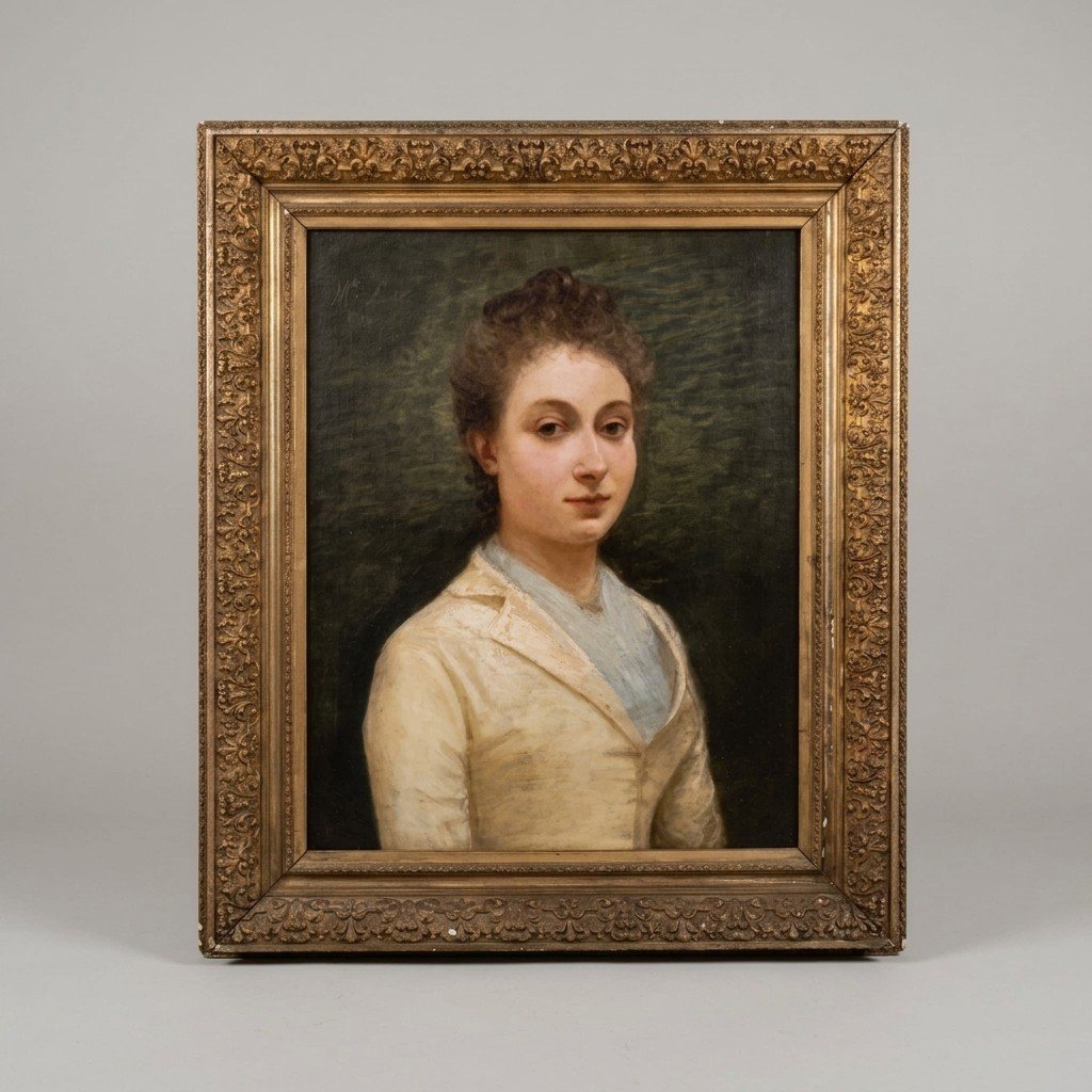 TABLEAU ANCIEN : PORTRAIT D'UNE JEUNE FEMME DE LA FIN DU XIXE SIÈCLE, SIGNÉ FRANCOIS VINCENT M.
