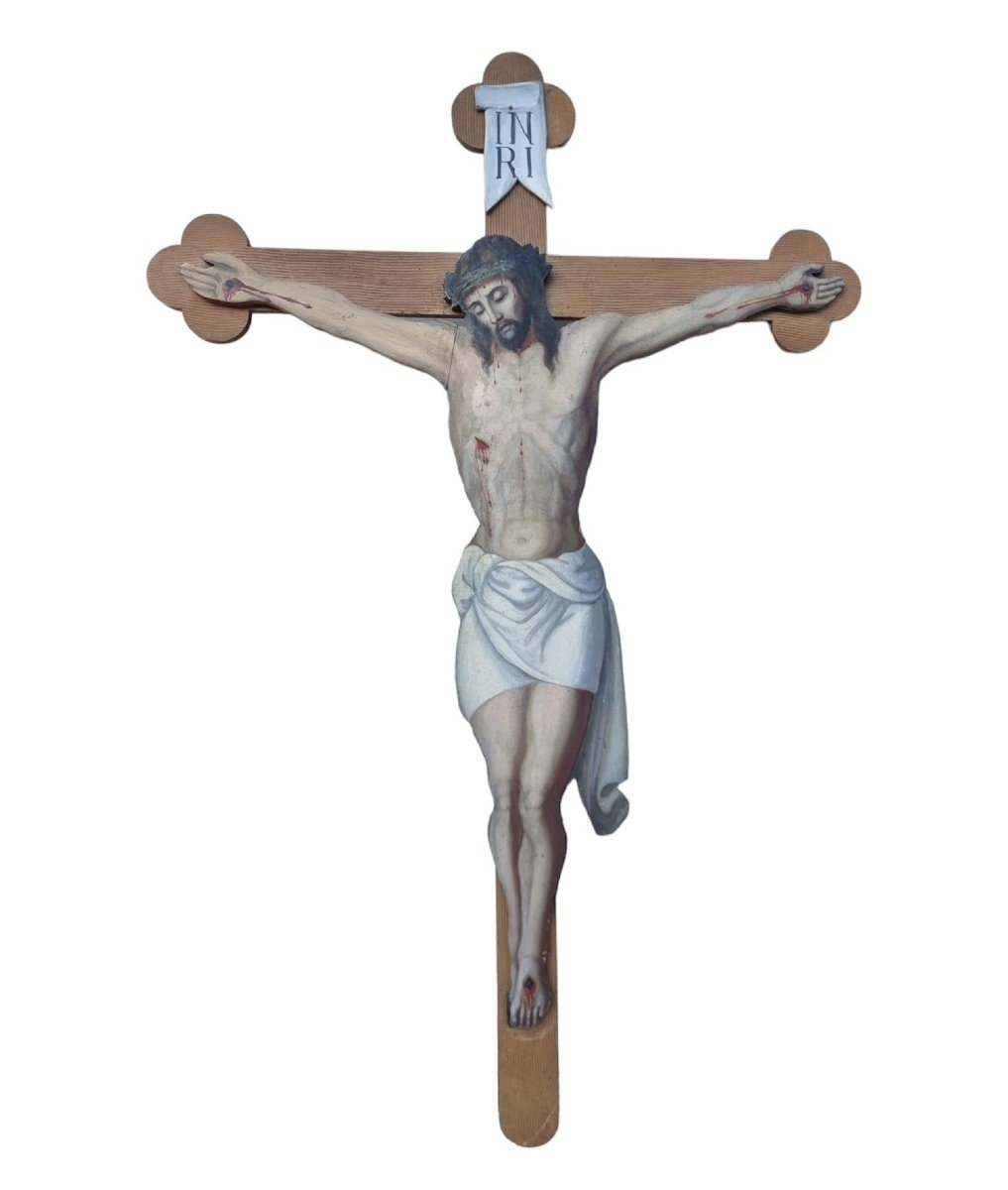 Crucifix En Bois Peint Du 19ème Siècle
