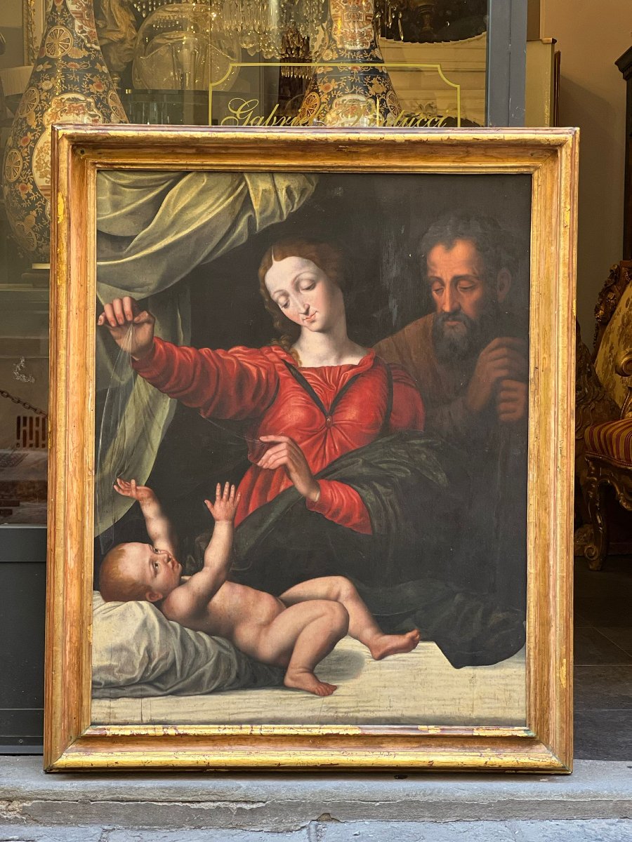 Oil Painting On Panel Depicting The Holy Family-photo-2