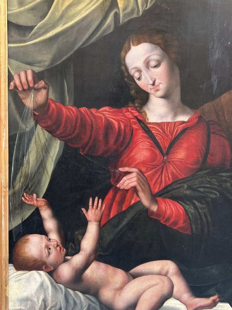Oil Painting On Panel Depicting The Holy Family-photo-3