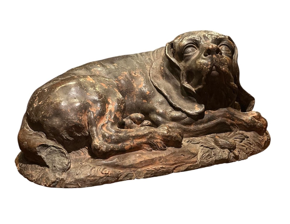 Sculpture Depicting A Crouching Hunting Dog