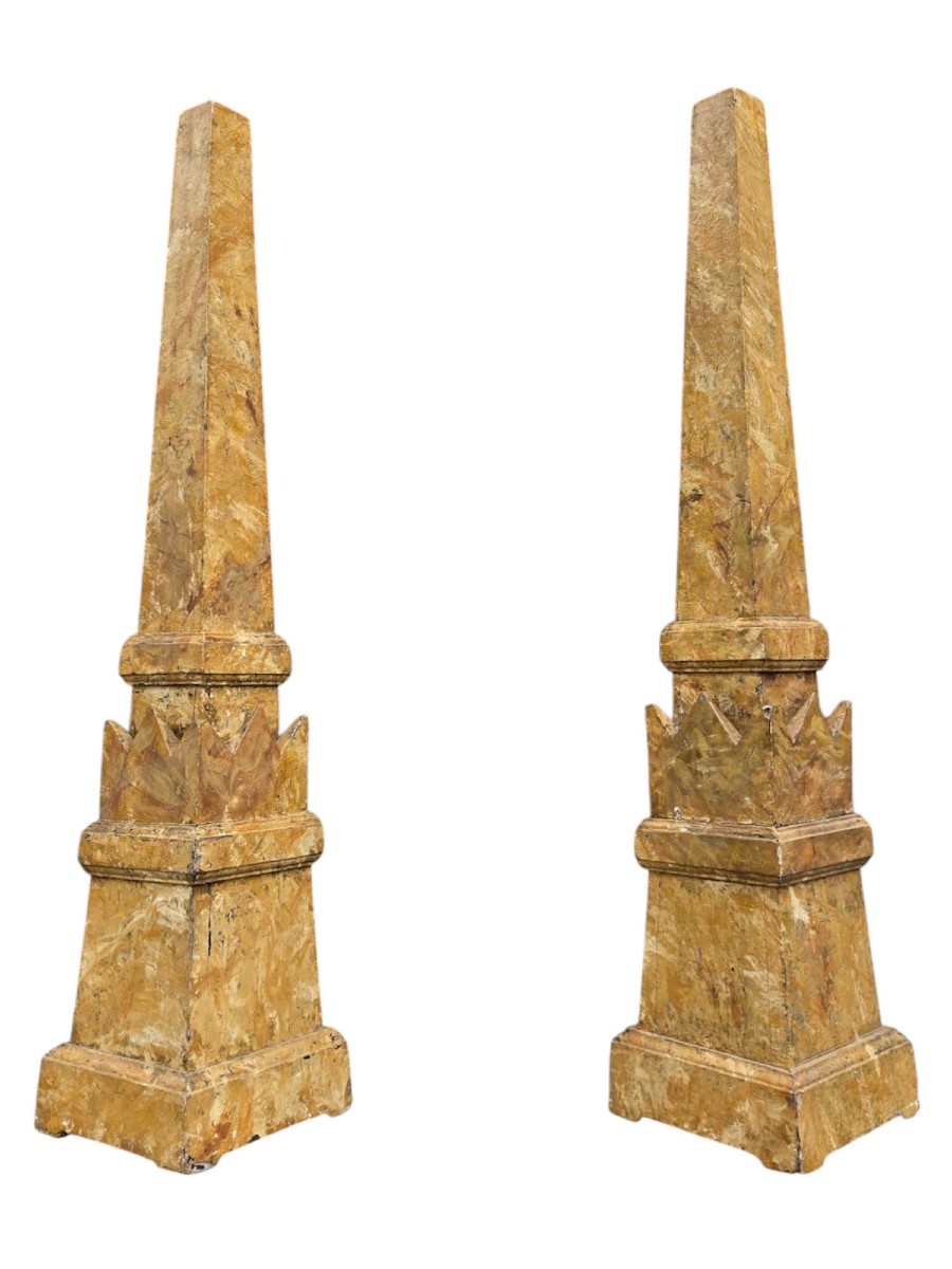 Pair Of Wooden Obelisks Painted To Look Like Marble