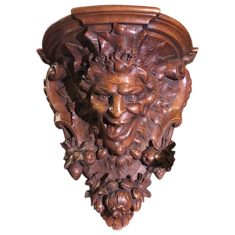 19th Century Italian Carved Walnut Shelf Representing A Satyr