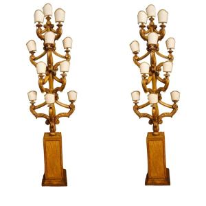 Pair Of Carved Wooden Torch Holders