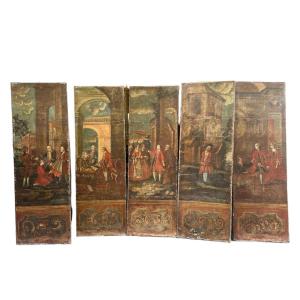 Group Of Five Panels Painted, Veneto, 18th Century