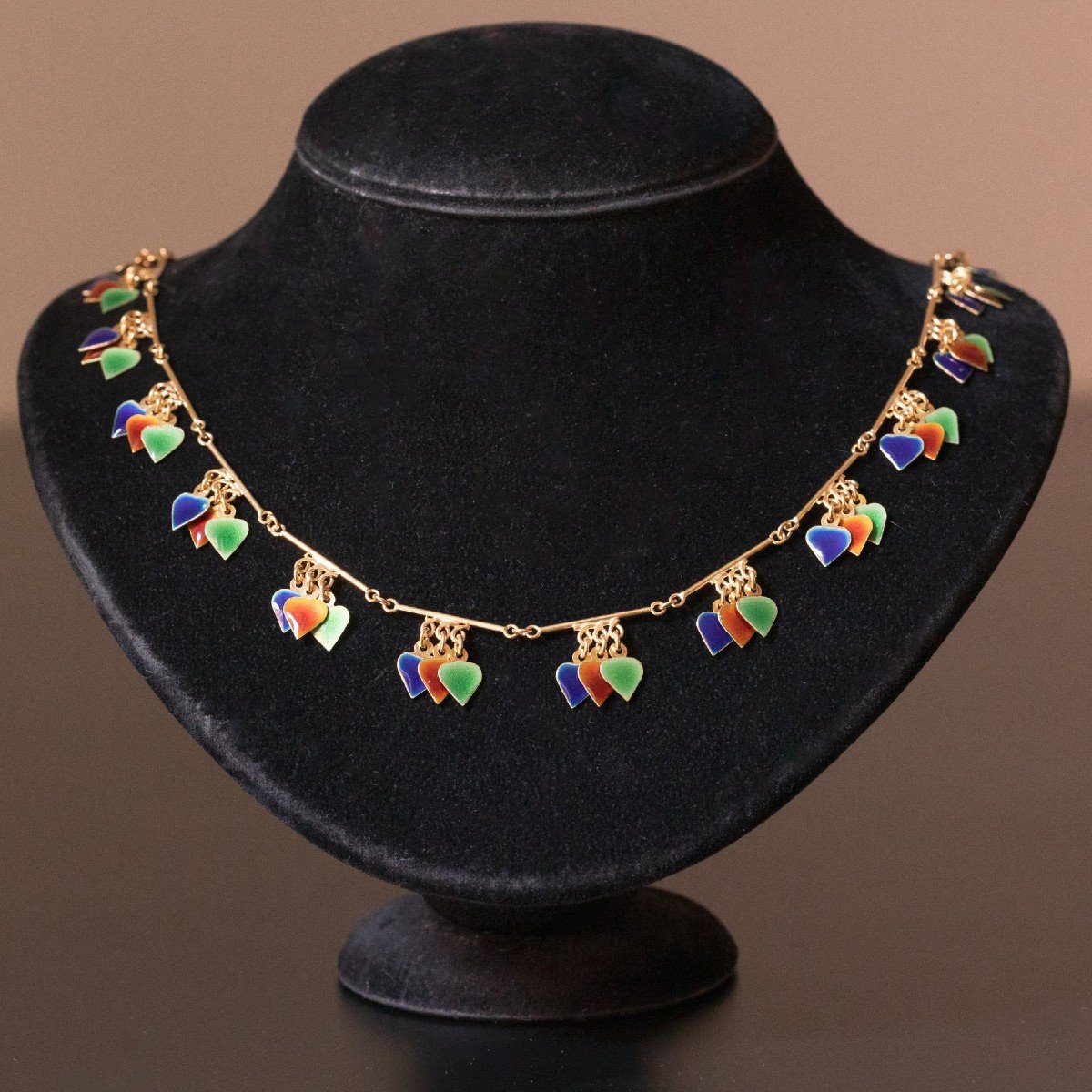 Joli Collier Vintage En Métal Doré Avec Cœurs Et Verre, Occasion