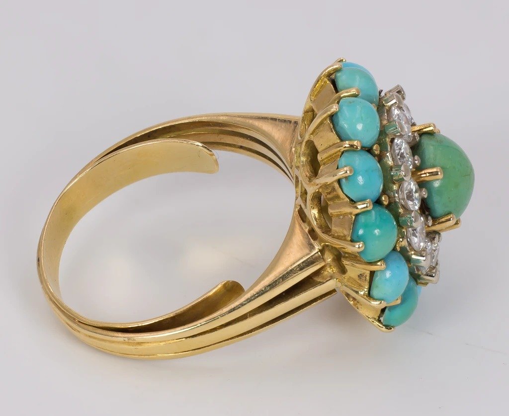 Bague En Or 18 K Avec Des Diamants  (environ 1,2 Ct) Et Une Turquoise Vers 1960-photo-2