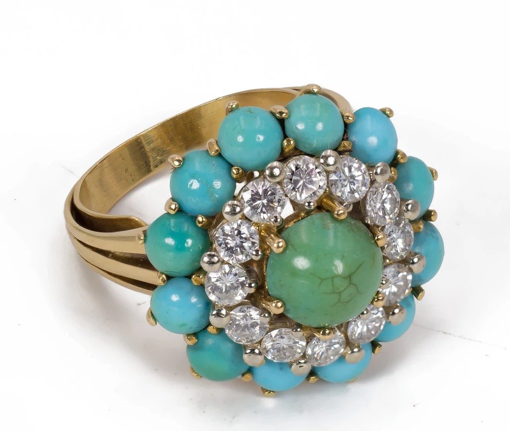 Bague En Or 18 K Avec Des Diamants  (environ 1,2 Ct) Et Une Turquoise Vers 1960