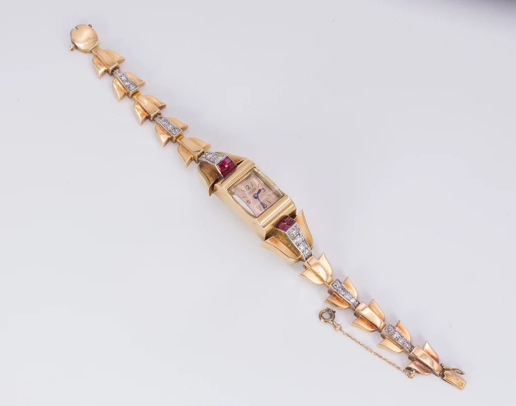 Lady Jaeger 18k Gold Bracelet Watch With Diamonds (1.80ct) And Ruby, 1930s-photo-2