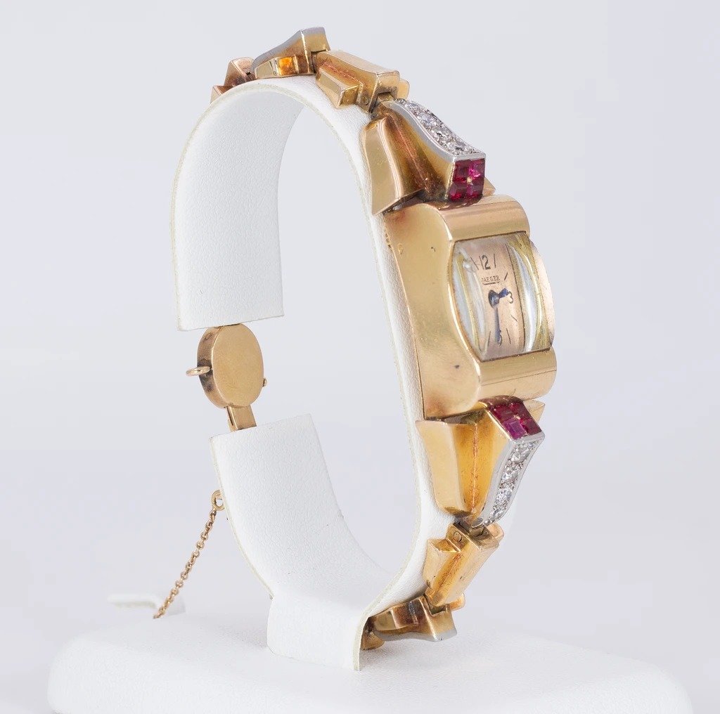Montre-bracelet Lady Jaeger En Or 18k Avec Diamants (1,80ct) Et Rubis, Années 30-photo-3