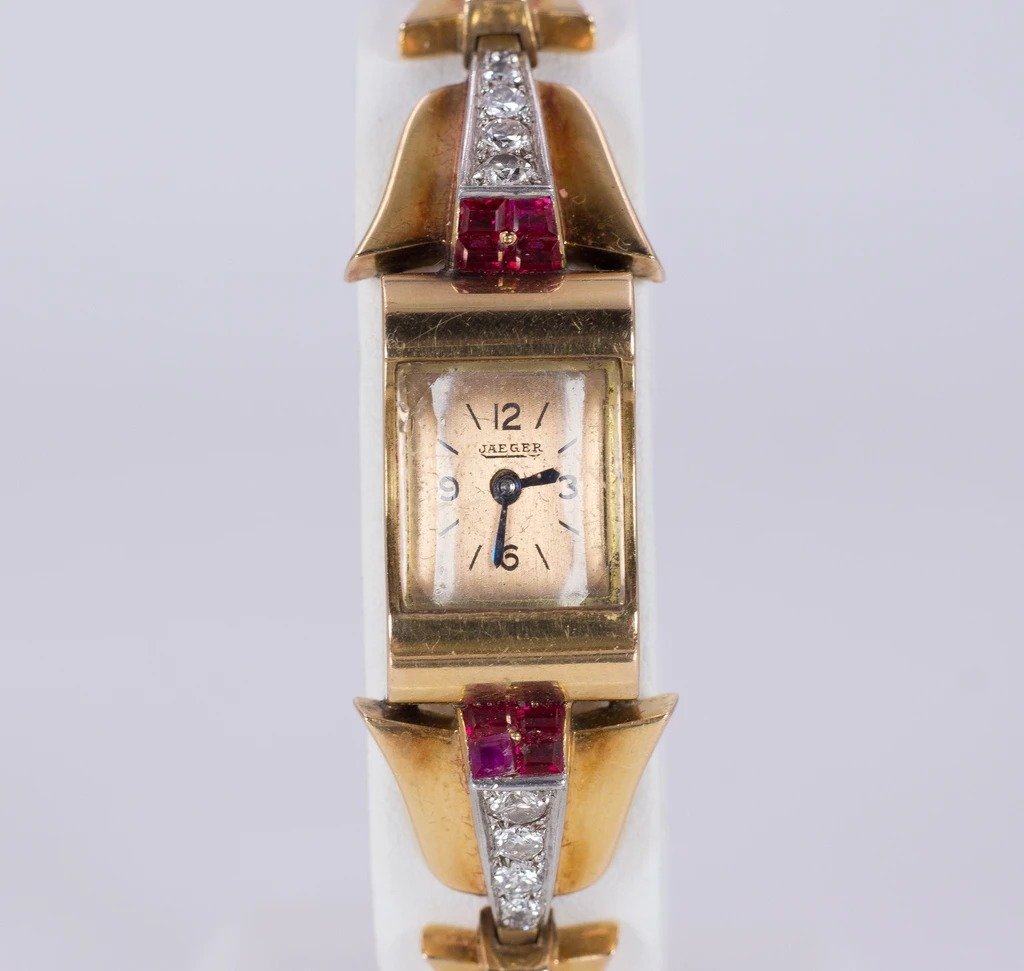 Lady Jaeger 18k Gold Bracelet Watch With Diamonds (1.80ct) And Ruby, 1930s-photo-4