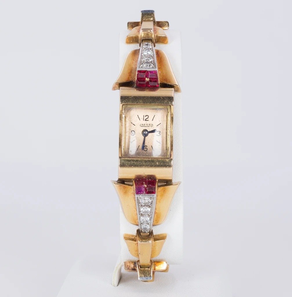 Lady Jaeger 18k Gold Bracelet Watch With Diamonds (1.80ct) And Ruby, 1930s-photo-1