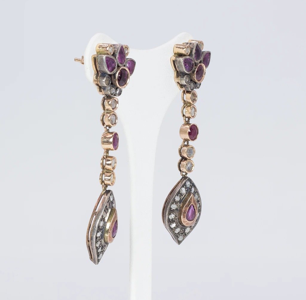 Old Style Earrings In 14k Gold With Rubies And Diamonds-photo-2