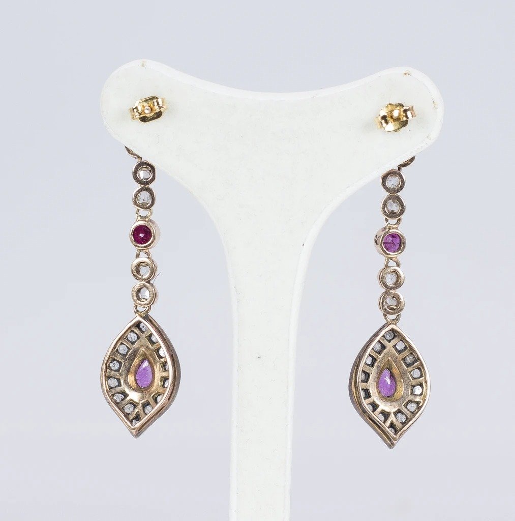 Old Style Earrings In 14k Gold With Rubies And Diamonds-photo-4