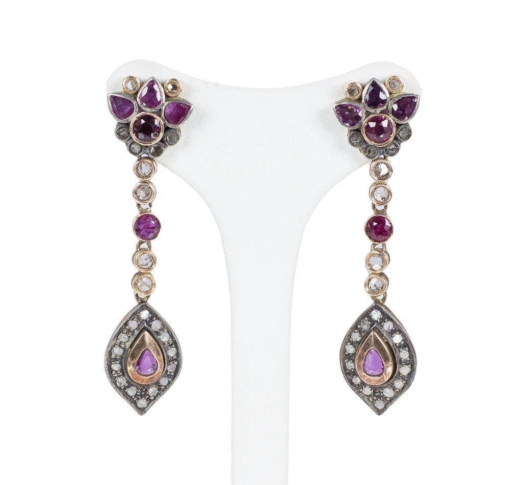 Old Style Earrings In 14k Gold With Rubies And Diamonds
