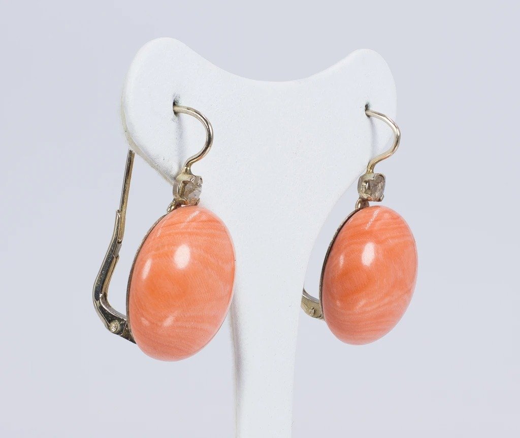 Pendentif Art Déco En Or 18k Rose - Corail Et Diamant, Années 1950 - Occasion Vintage