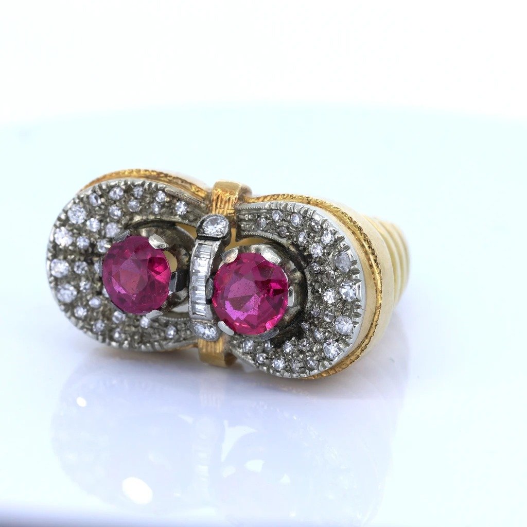 Vintage 18k Gold Ring With Rubies And Diamonds, 1940s-photo-2