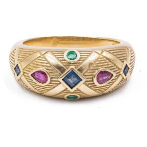 Vintage 18k Yellow Gold Ruby, Sapphire & Emerald Ring, 70s