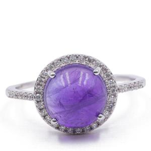 Vintage 9k White Gold Ring With Amethyst And Diamonds (0.25ct)