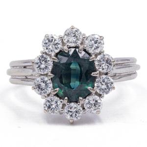 Vintage Ring 18k White Gold Sapphire (1.1ct) & Diamonds (1ct) 