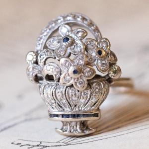 Vintage Flower Basket Ring In 18k Gold, White Diamonds, Yellow Fancy Diamonds And Sapphires