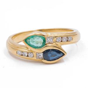 Vintage 18k Yellow Gold Sapphire, Emerald & Diamond (0.24ctw) Ring