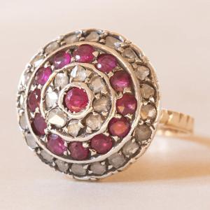 Vintage Antique Style 14k Yellow Gold & Silver Diamond (approx.0.56ctw) & Ruby Patch Ring, 60s