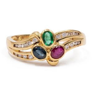 Vintage Yellow Gold Ring With Sapphire, Ruby, Emerald And Diamonds (0.30ct), 70s