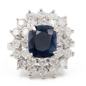 Vintage 18k White Gold Sapphire (3ct) & Diamonds (1.15ctw) Daisy Ring, 60s