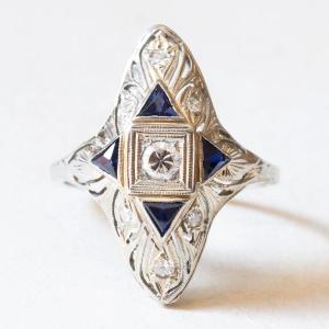 Art Deco 18k White Gold Diamond (approx. 0.33ctw) & Sapphire Ring, 30s