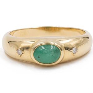 Vintage 14k Yellow Gold Cabochon Emerald And Diamond Ring