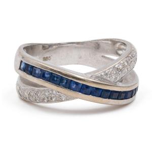 Vintage 14k White Gold Diamond (0.26ctw) & Sapphire Ring, 80s