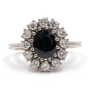 Bague Marguerite Vintage En Or Blanc 14k4 Avec Saphir (2.3 Ct) Et Diamants (0.75 Ct)