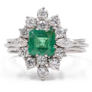 Vintage 14k White Gold Daisy Ring With Emerald (1ct) And Diamonds (0.95ct),