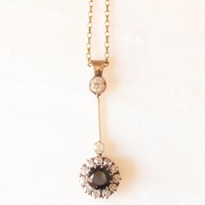 Necklace  With Antique Pendant In 14k Yellow And White Gold With Sapphire And Diamonds