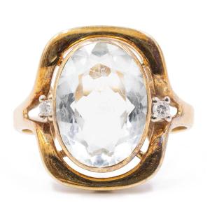 Vintage 14k Yellow Gold Ring With Aquamarine (4ct) And Diamonds, 70s