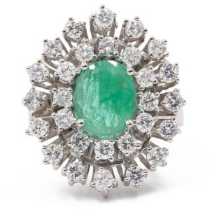 Vintage 14k White Gold Daisy Ring With Emerald (0,80ct) And Diamonds (1,40ctw), 60s