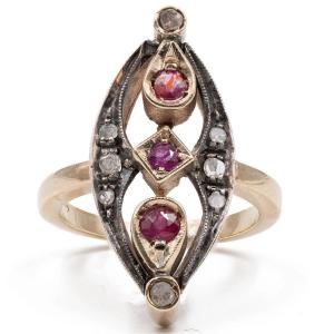 Antique Style Shuttle Ring In 14k Yellow Gold And Silver With Rubies And Rosette-cut Diamonds
