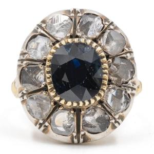 Antique Style 18k Yellow Gold And Silver Daisy Ring With Sapphire (1,5ct) And Rose-cut Diamonds