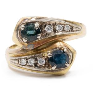 Vintage Contrarier Ring In 18k Yellow Gold With Sapphires (0,50ctw) And Diamonds, 60s