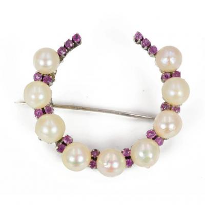 White Gold Brooch With Beads And Rubies, 50s