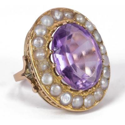 18k Gold Ring With Amethyst And Pearls, Early 1900s
