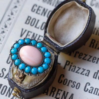 Antique 18k Gold Ring With Pink Coral And Turquoise, Early 1900s