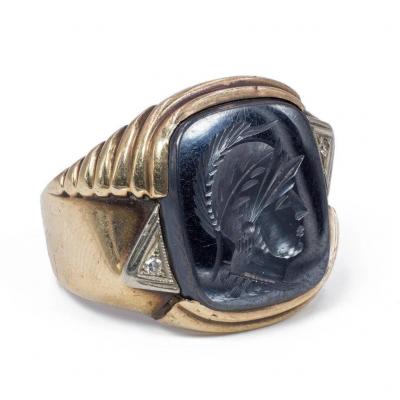 Bague Pour Homme En Or 10 K  Avec Hématite Gravée et diamants, Années 40