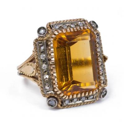 Bague En Or 18 Carats Avec Quartz Citrine Et  Diamants Taille Rose