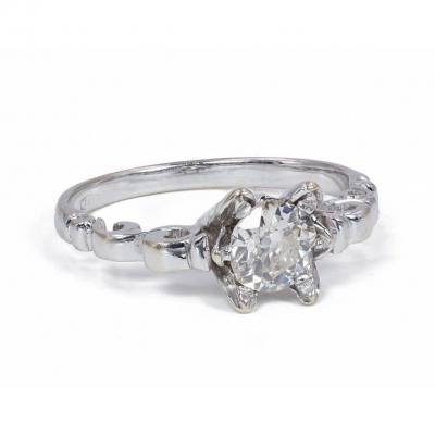 Bague Solitaire En Or Blanc 18 Carats Avec Diamant Central De 0.55 Ct, Années 40