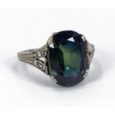 Vintage 18k Gold Ring With Green Topaz And Rose Cut Diamonds