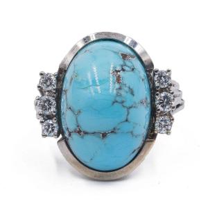 Vintage Ring In 14 Carat White Gold With Turquoise And Diamonds (0.32 Ct), Years 70 / 80