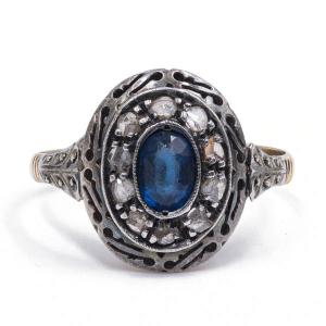 Old Ring In 18k Gold And Silver, With Rose Cut Diamond And Sapphire